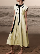 A-Line Loose Pleated Tied Round-Neck Midi Dresses